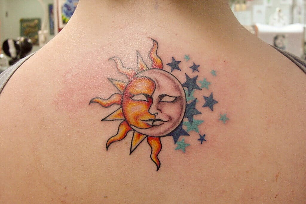 Since were all doing tarot tattoos heres my sun moon and star tattoo  Unfortunately the selfie camera mode flipped them so its backwards but  theyre my most recent tattoo and I also