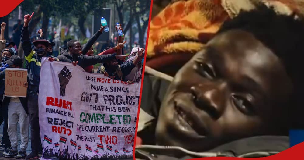 Collage of protesters (l) and Frank Okoth (r)
