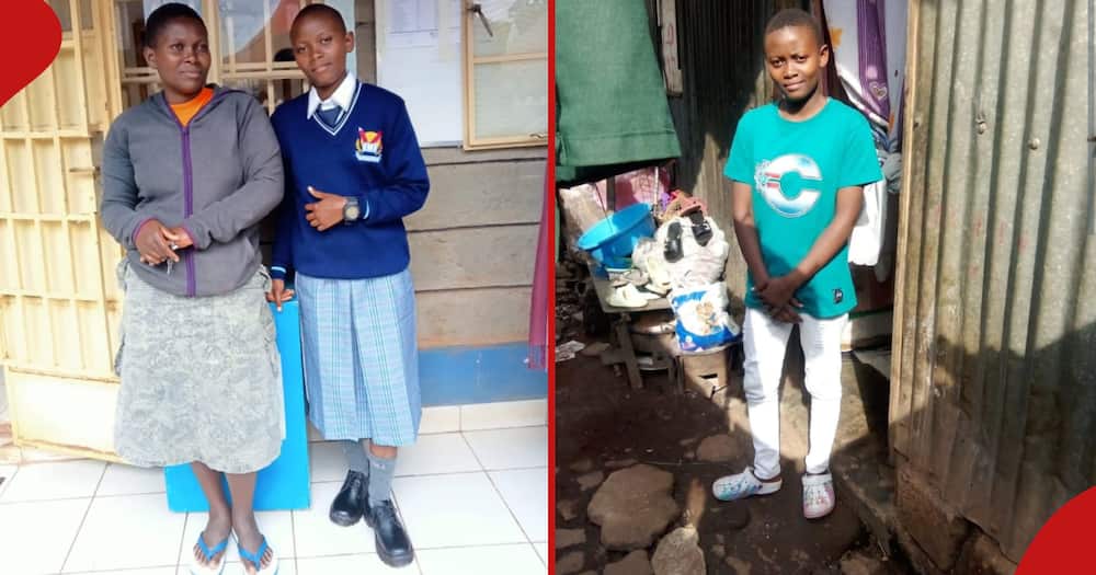 Ravinah Adolwa (in uniform) and her mum in school (l). Adolwa at her home in Kawangware, Nairobi (r).