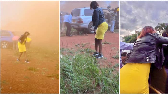 Karen Nyamu Engulfed by Dust Cloud as William Ruto's Chopper Lands in Murang'a