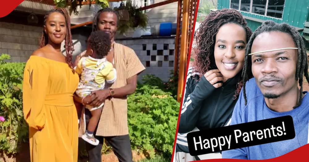 Juliani and Lillian Nganga (l) with their son Utheri, the lovebirds (r) pose or a photo.