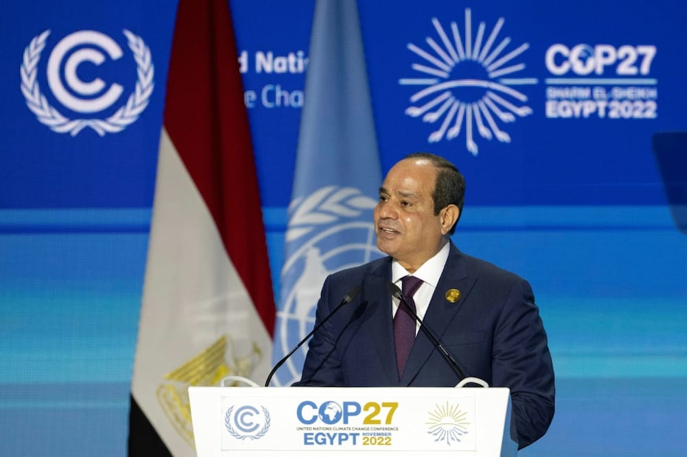 Egypt's President Abdel Fattah al-Sisi delivers a speech at the leaders summit of the COP27 climate conference in Sharm el-Sheikh
