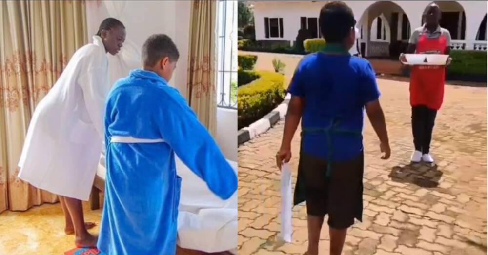 Akothee hilariously makes young sons do house chores while on holiday: "Teach them young"