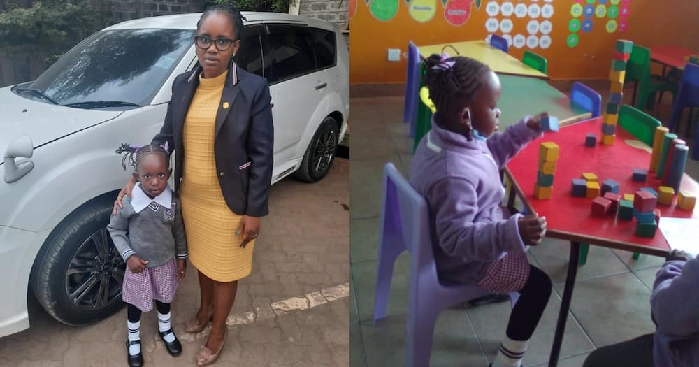 Wambui Ngume (l) with her daughter Zenelle (r) on her first day at school.