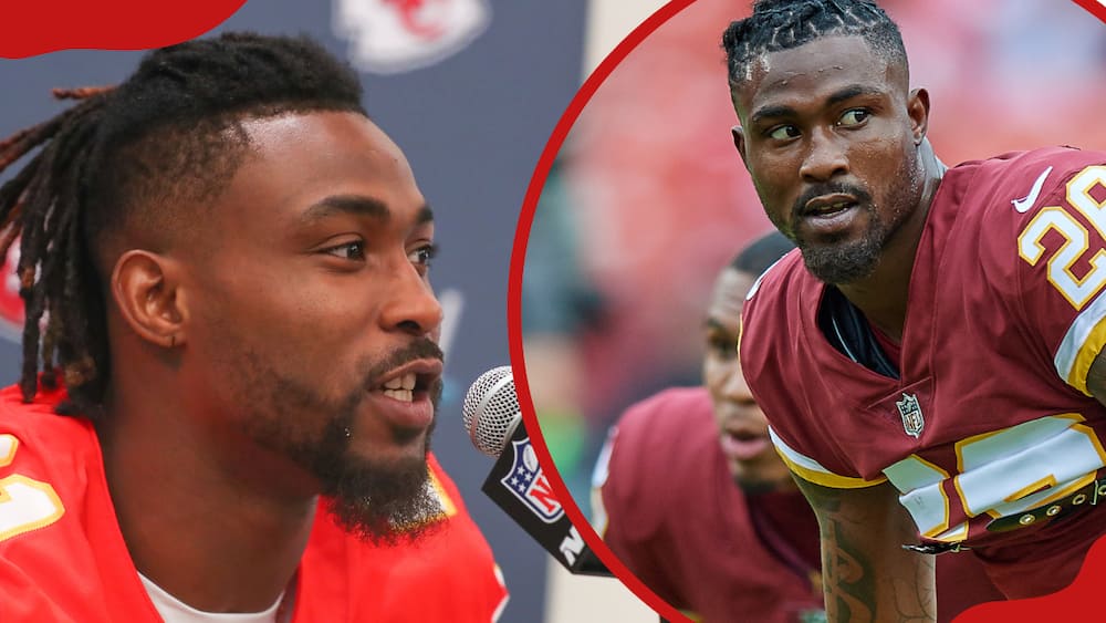 Bashaud Breeland answers questions from the media during the Kansas City Chiefs press conference (L). Bashaud Breeland looks on during an NFL football game (R)