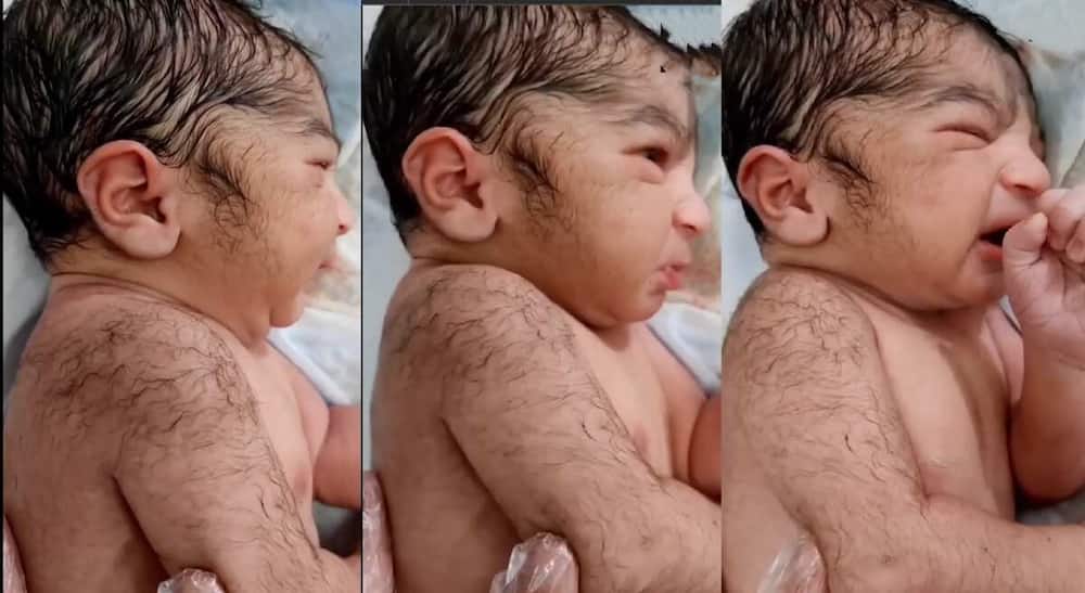Photos of a newborn baby endowed with plenty of hair.