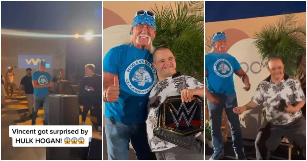 Dream come true for a boy with down syndrome as he finally meets Hulk Hogan. Photo: Screengrabs from video shared by @charlie.