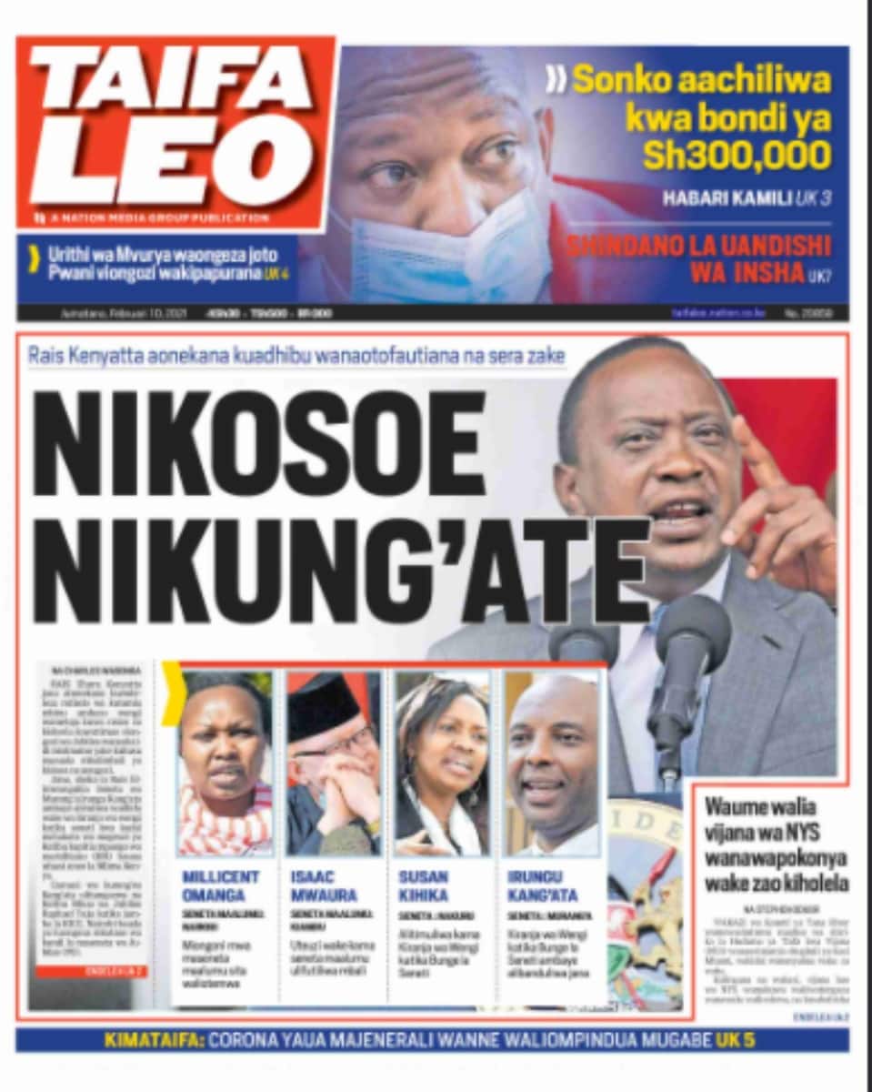 Kenyan newspapers review for February 10: Four Jubilee MPs to be expelled as purge heads to National Assembly