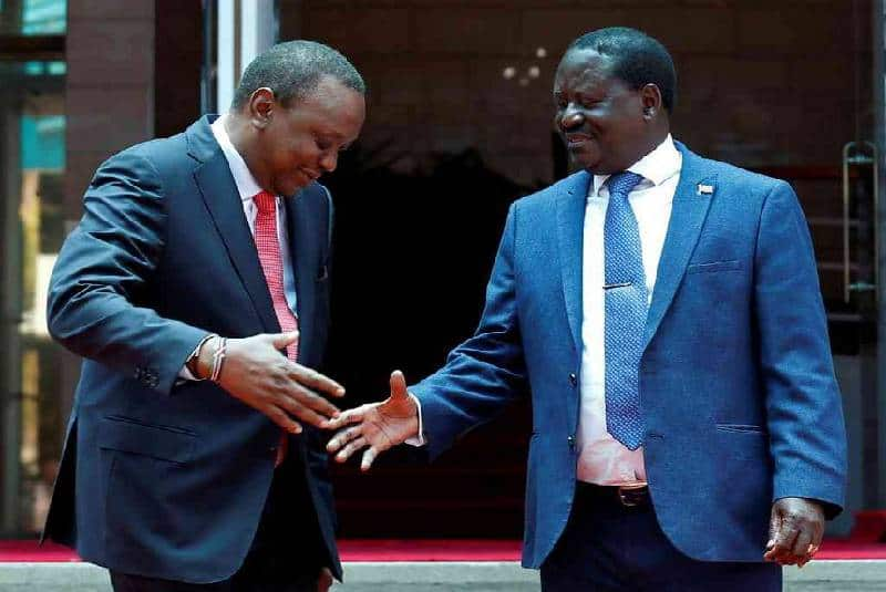 The BBI recommends changes to the county's executive in a bid to ensure gender balance is achieved in leadership. Photo: Raila and Uhuru handshake Source: Facebook