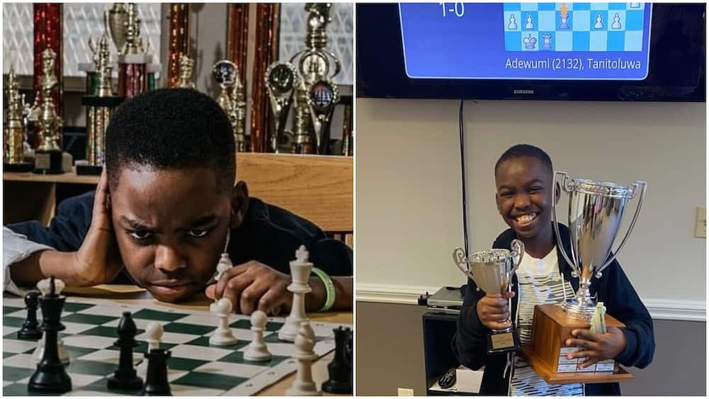 10 Year Old Nigerian boy beats many in US, wins big cup as a pro chess player, many react to his smiling photo