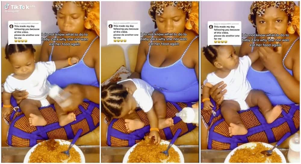 Photos of a Nigerian baby girl as she bends down to pick meat from plate.