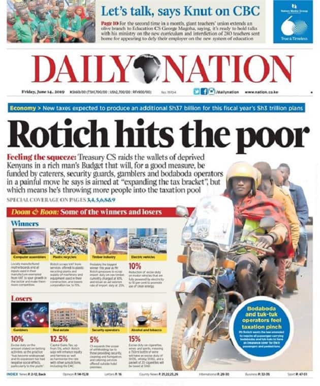 Kenyan Newspapers Review for Friday June 14: The poor to finance Uhuru's budget