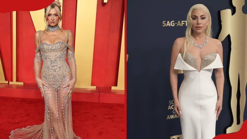 Paris Hilton (L) at the 2024 Vanity Fair Oscar Party and Lady Gaga at the 28th Annual Screen Actors Guild Awards