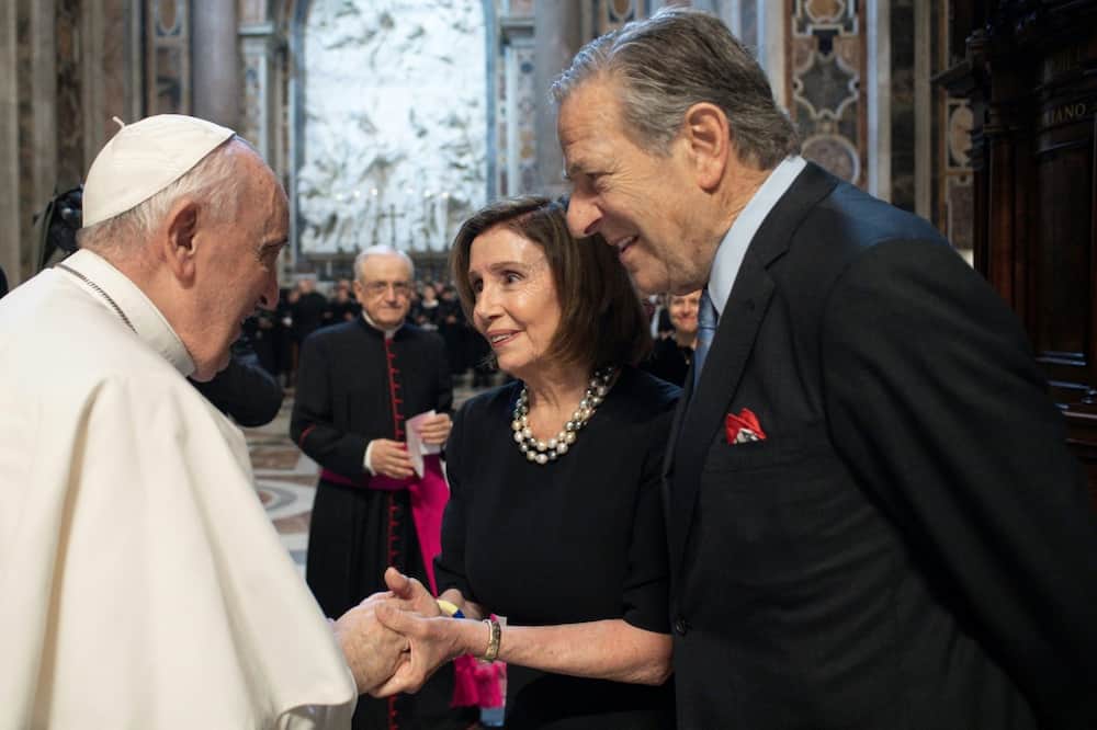 Pope Francis greeting Nancy Pelosi and her husband Paul Francis Pelosi in Saint Peter's Basilica