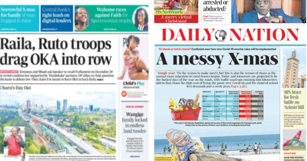 Kenyan newspapers, December 24: Tanga Tanga MPs decry Speaker Justin Muturi's summon.