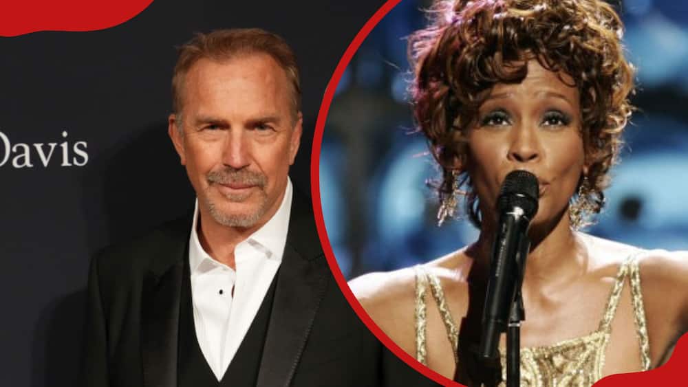 A collage of Kevin Costner at the Pre-grammy gala and Whitney Houston at the 2004 World Music Awards