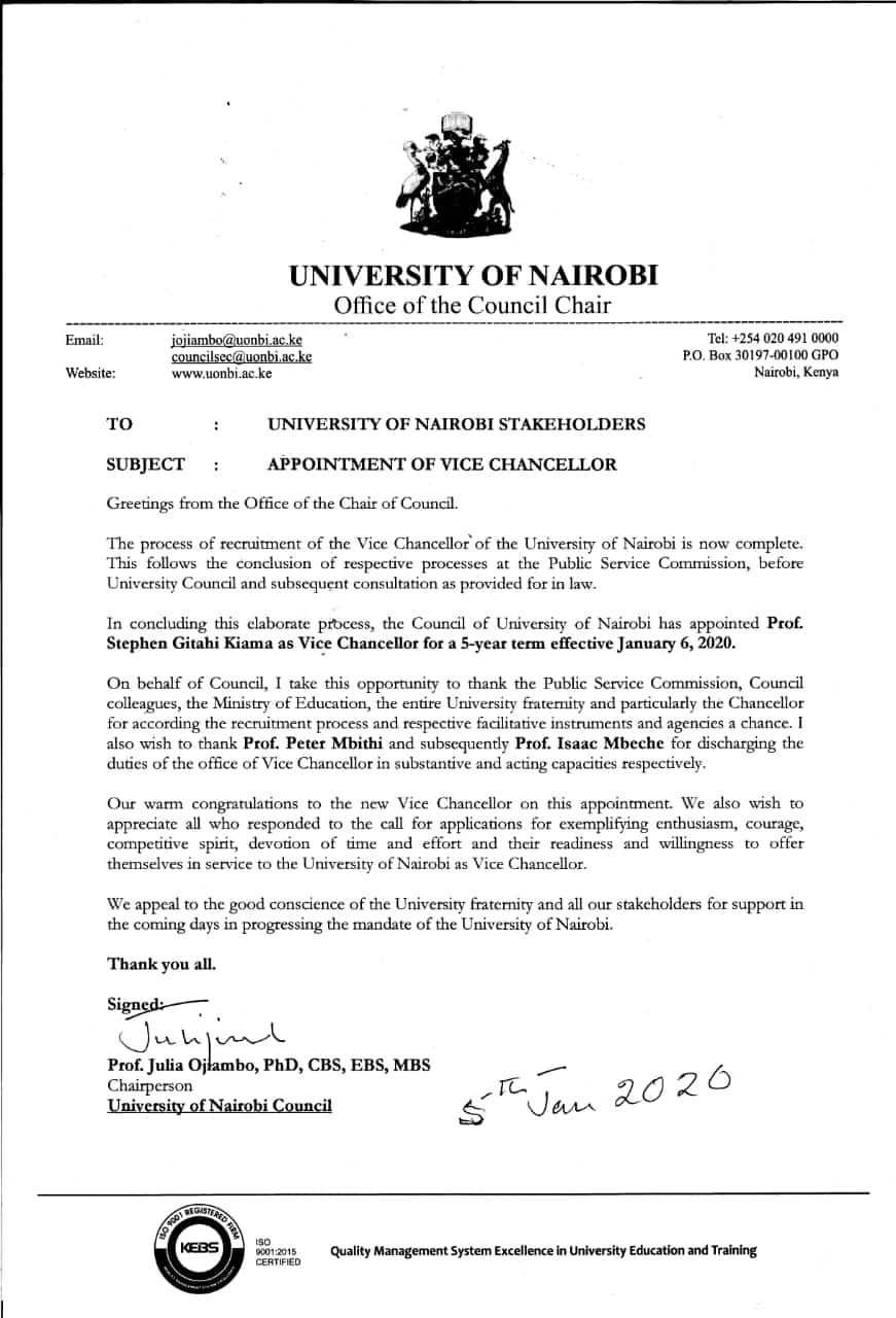 University of Nairobi appoints Prof Stephen Gitahi as vice chancellor