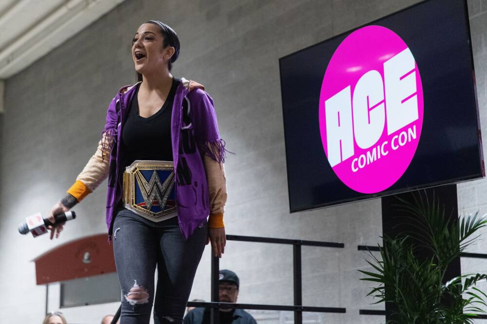WWE Bayley speaks onstage during an event