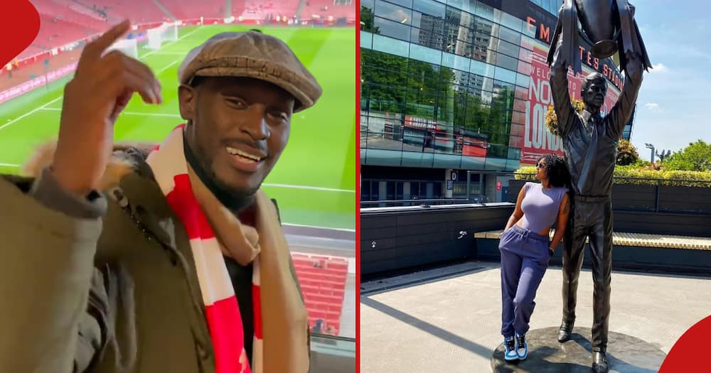 King Kaka at Fly Emirates during Arsenal vs Westham match in 2021 (l) while (r) Nana Owiti at Arsenal's entrance.