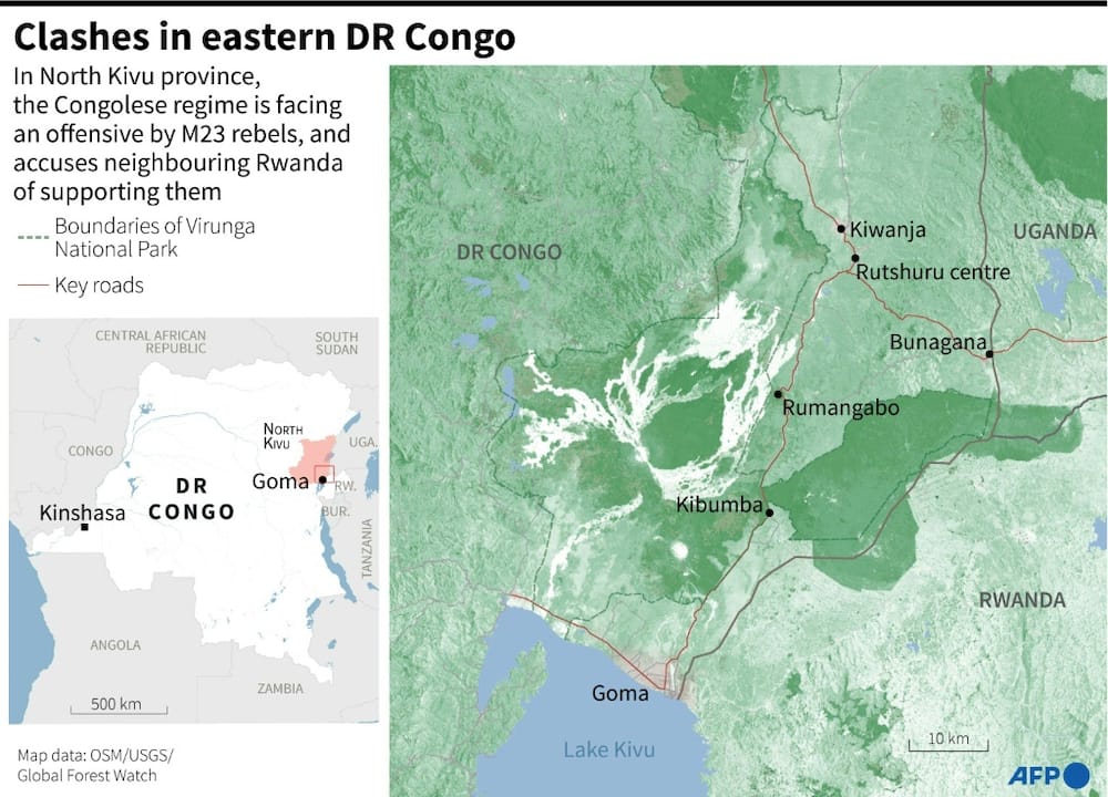Map locating key area of conflict between the Congolese regime and rebel groups in the east of the country
