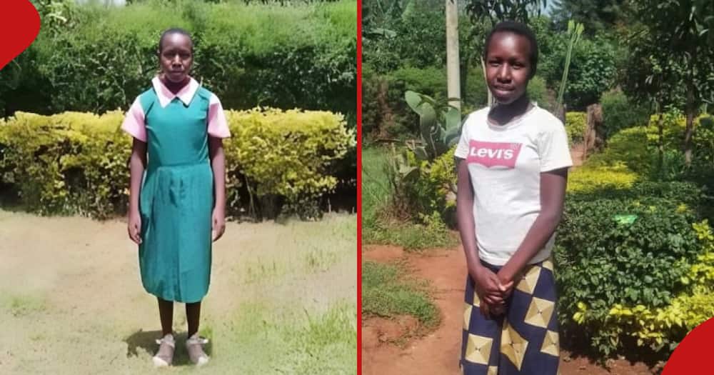 Abigael Cheptoo in her former school uniform in frame one and the next one shows the girl wiating to report to school.
