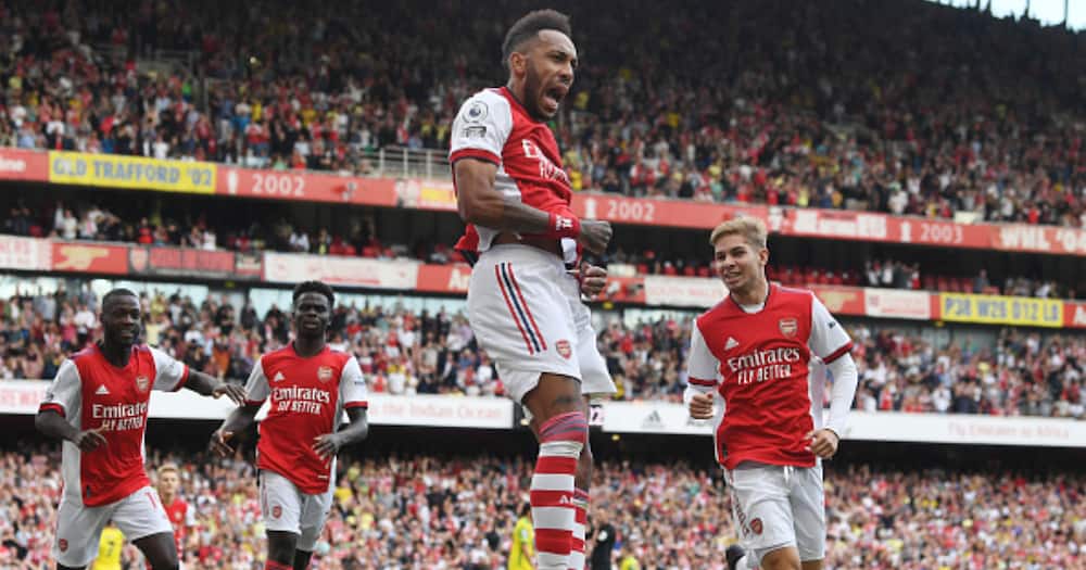 Pierre-Emerick Aubameyang celebrates scoring the Arsenal goal during the Premier League match between Arsenal and Norwich City at Emirates Stadium on September 11, 2021 in London, England. (Photo by Stuart MacFarlane/Arsenal FC via Getty Images)