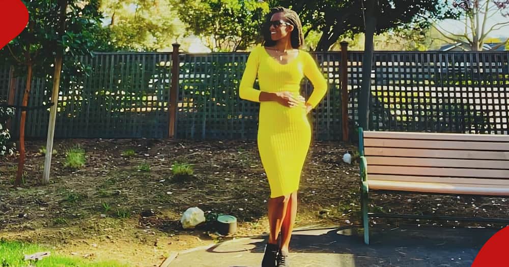 Lorna Omondi Ogolla looking stylish in yellow dress.