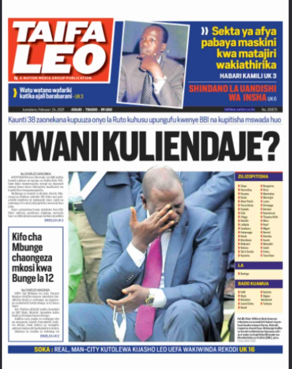 Kenyan newspapers review for February 24: Ruto's available options after resounding passage of BBI bill