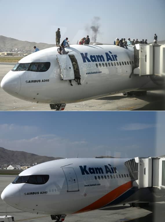 This combination of pictures shows (top) Afghan people climbing atop of a plane as they wait at the Kabul airport on August 16, 2021, and (bottom) the same area of the airport taken on March 15, 2022