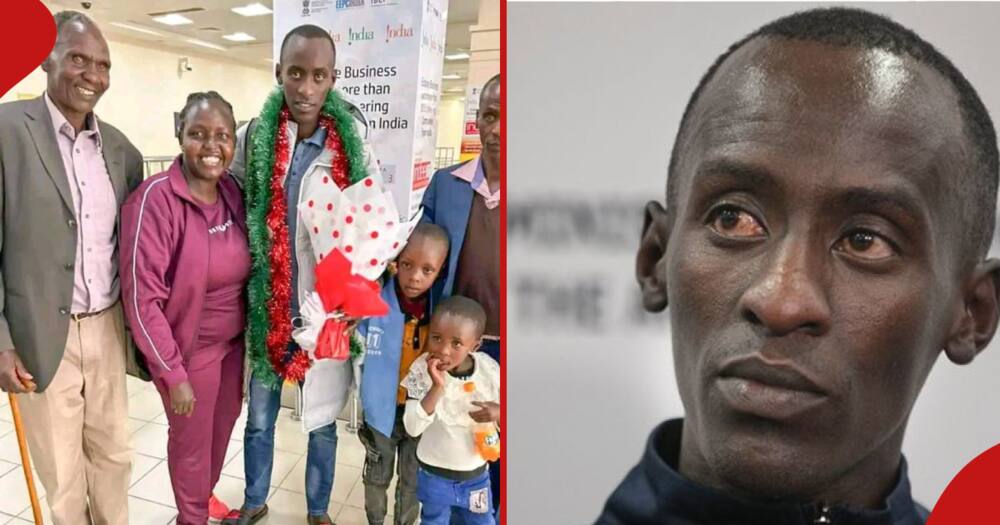 Kelvin Kiptum and his family in October 2023 when he returned after winning the Chicago Marathon.
