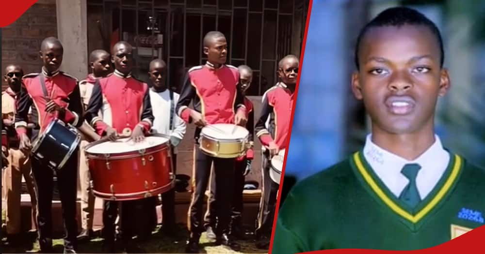 Kisii High School band at their schoolmate's home (l) and next frame shows Evans aka Juniour.