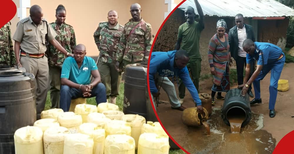 Police officers corner illicit drinks brewer in Migori and spill his paraphernalia.