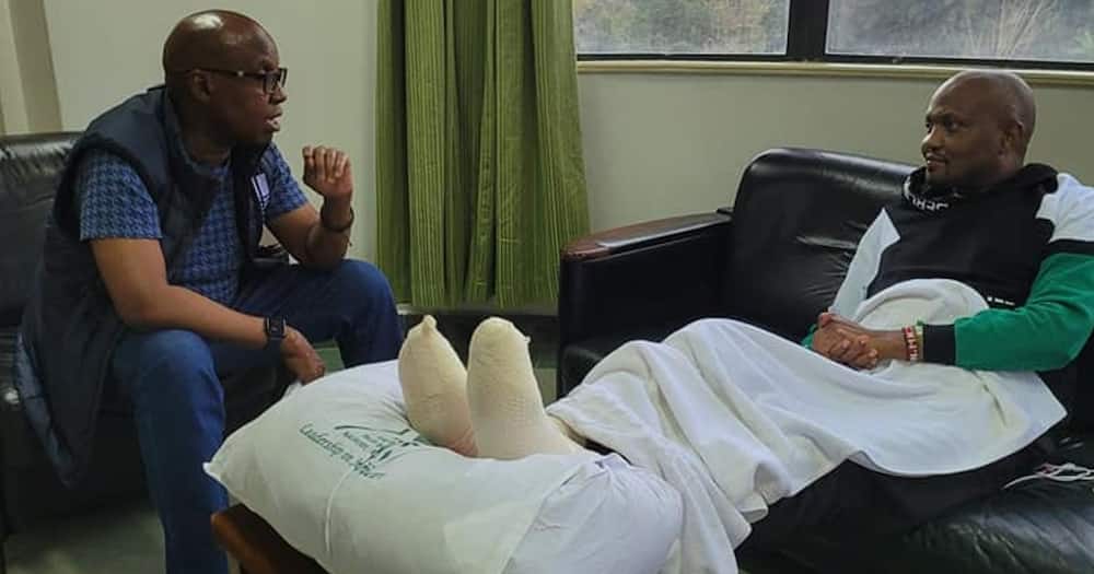 Moses Kuria is back on his feet after spending a month in hospital.