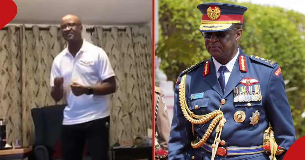 Chief of Defence Force (CDF) Francis Omondi Ogolla dancing (l). Ogolla dressed in full uniform at the State House in Nairobi (r).