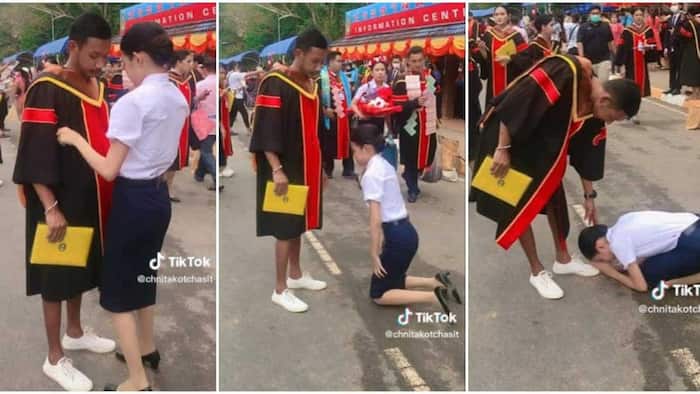 “Thank You”: Humble Lady Honours, Kneels Before Brother Who Quit School so She Could Graduate