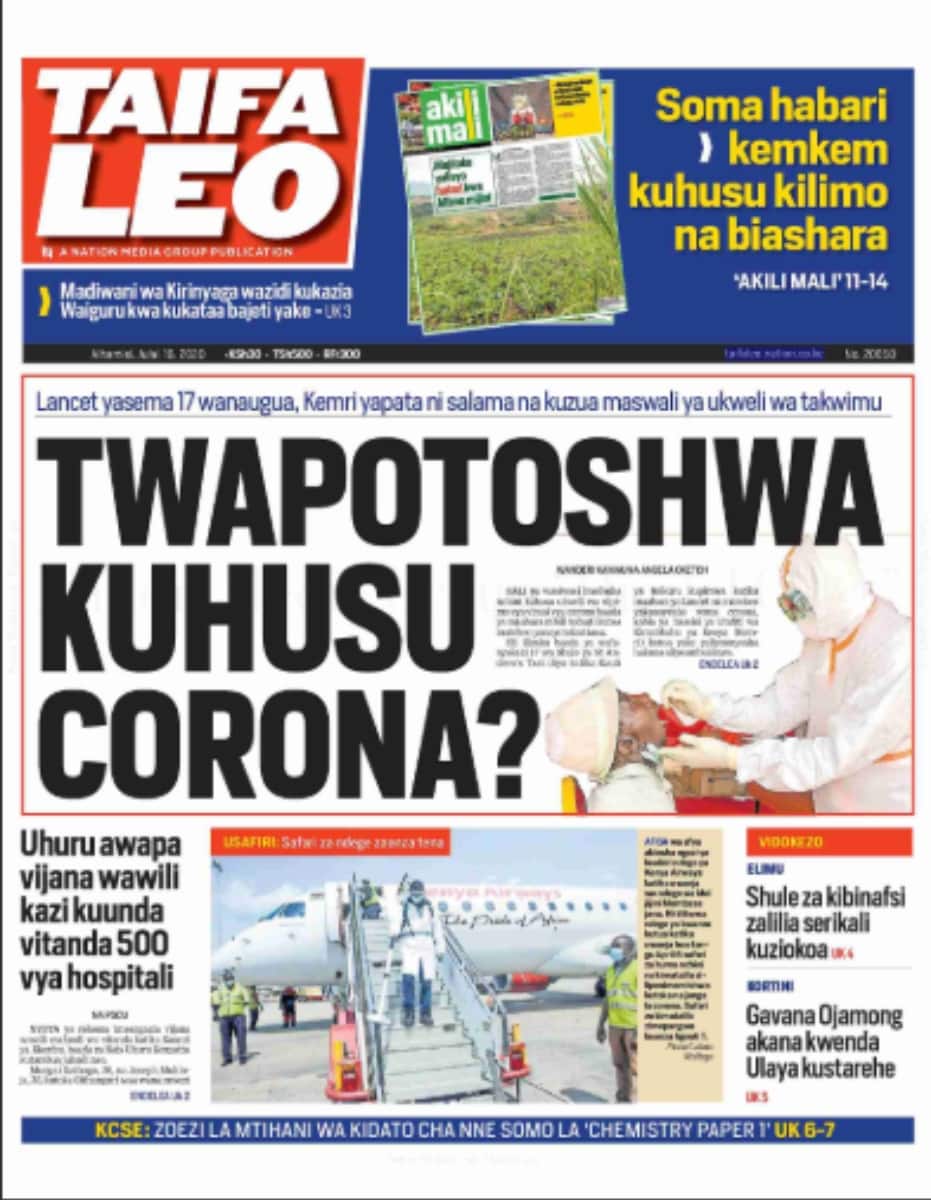 Kenyan newspapers review for July 16: Senior PS, MP and 2 judges still battling COVID-19 after 60 days
