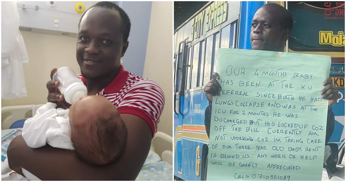 Kiambu Father Whose Newborn’s Lungs Collapsed, Admitted for 2 Months Begs for Help with Placard