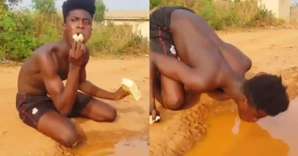 Man spotted taking bread with polluted water as 'tea'; Ghanaians can't keep calm