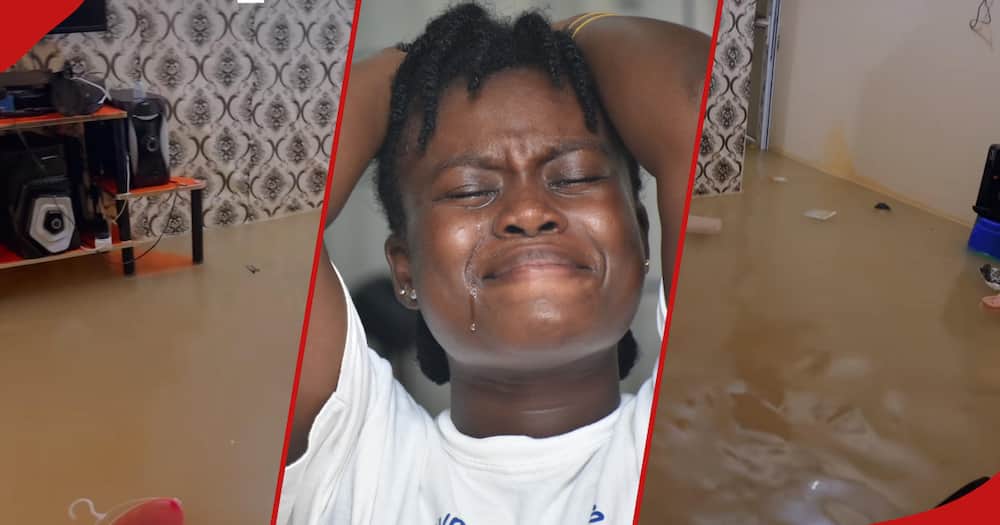 A flooded home, a woman crying.