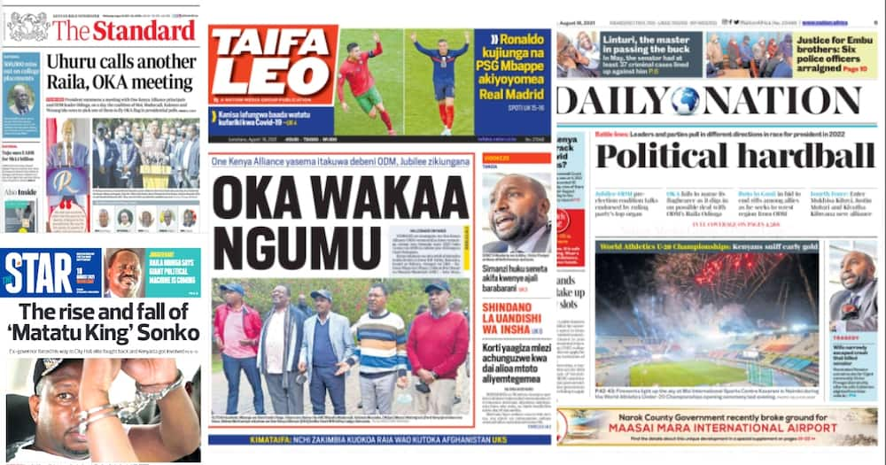 Newspapers Review for August 18: Uhuru Set to Meet Raila, OKA Principals Again over Coalition to Face Ruto