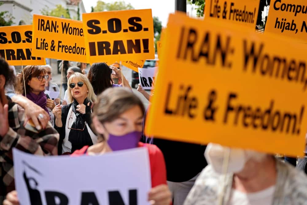 Protesters rally in front of the Iranian embassy in Madrid