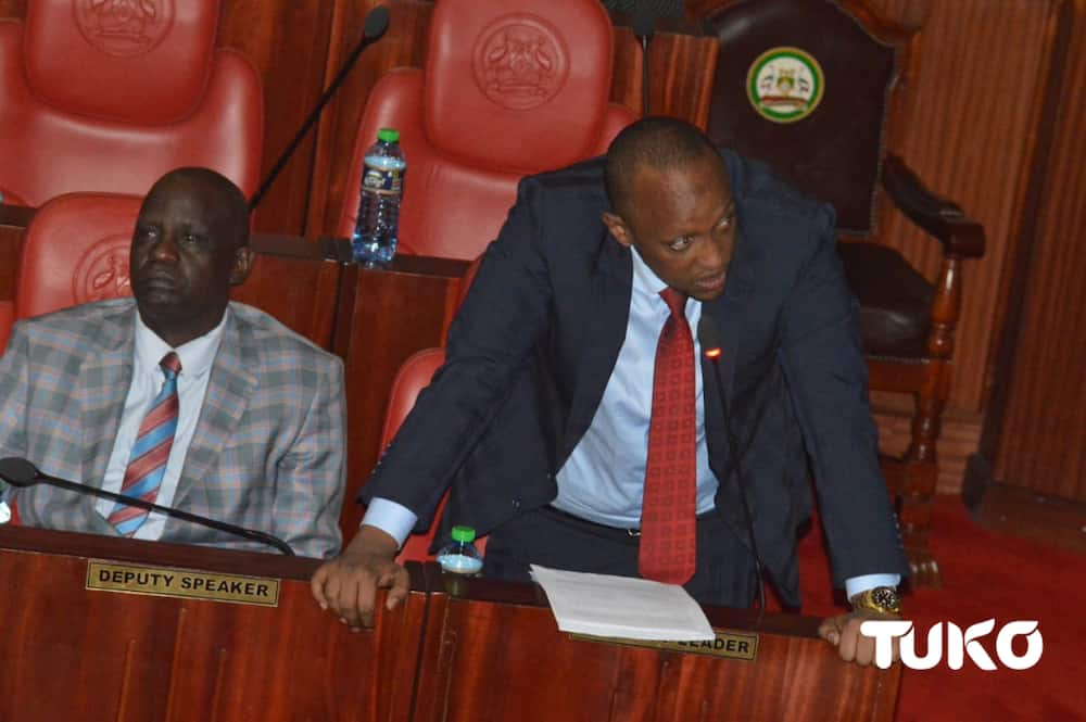 Nairobi County Assembly Majority Leader Abdi Guyo (standing) in a past House session. Photo: TUKO.co.ke