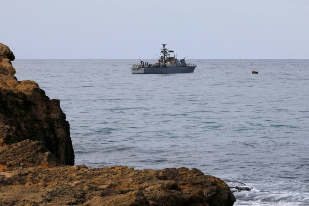 An Israeli warship sits at mooring close to the disputed maritime border with Lebanon