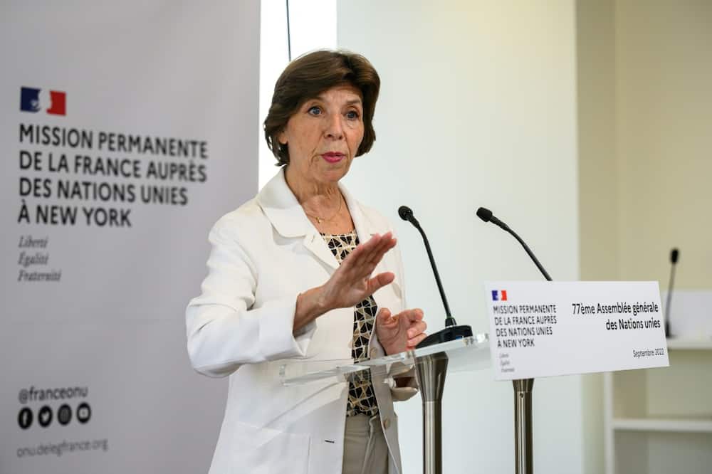French Foreign Minister Catherine Colonna speaks to reporters at France's mission to the United Nations