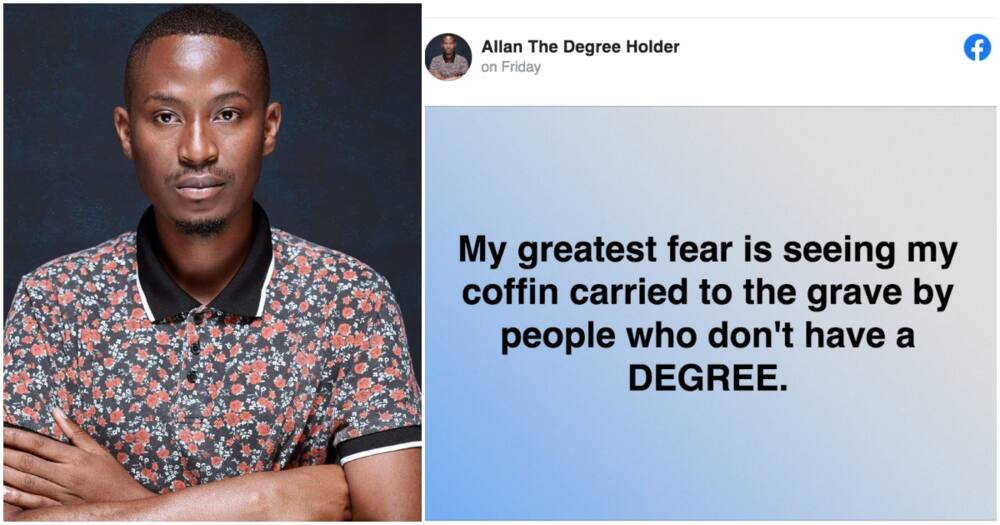 Allan uses every opportunity he gets to boast about having a degree.