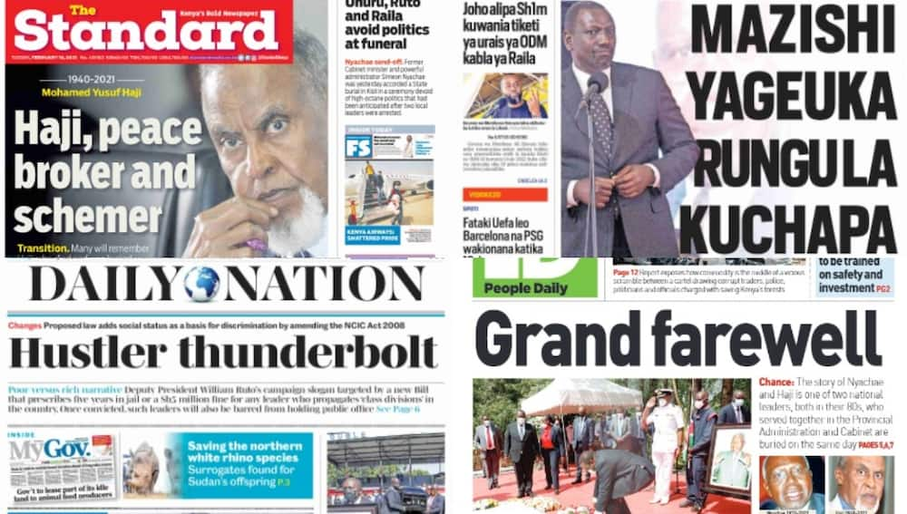 Newspapers review for February 16: New bill outlawing hustler movement could see Ruto jailed for 5 years