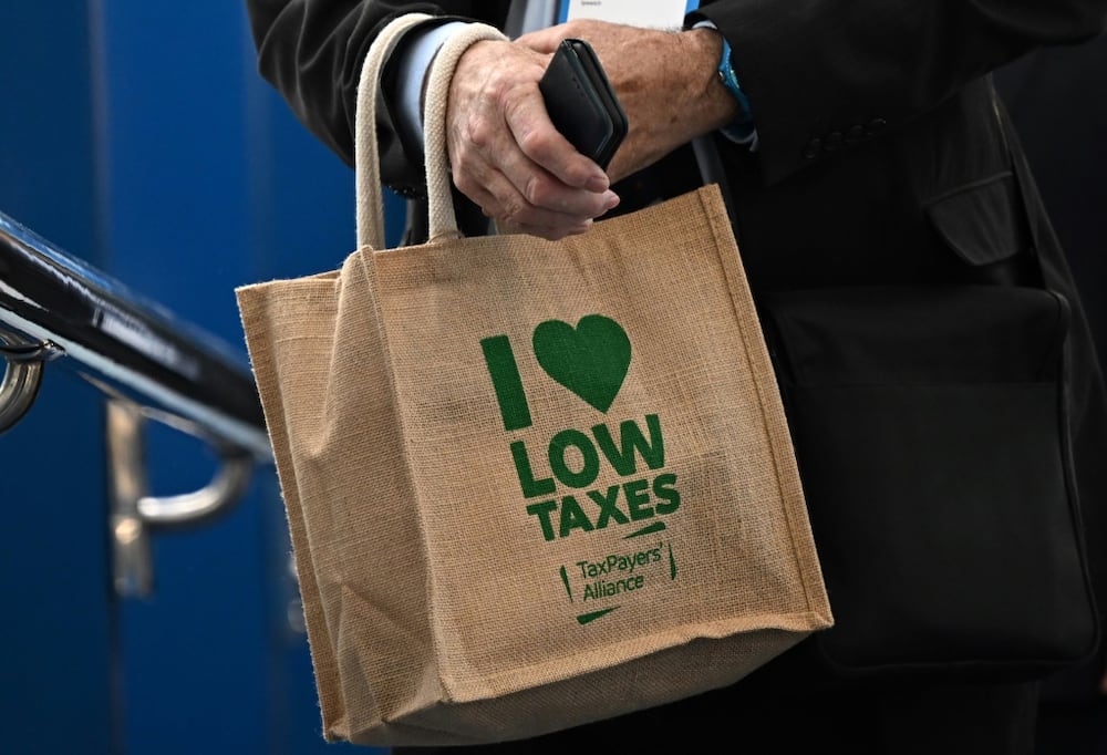 A slogan on the bag of a delegate at the ruling Conservative Party annual conference highlights the government's belief in the tax-cutting route to growth