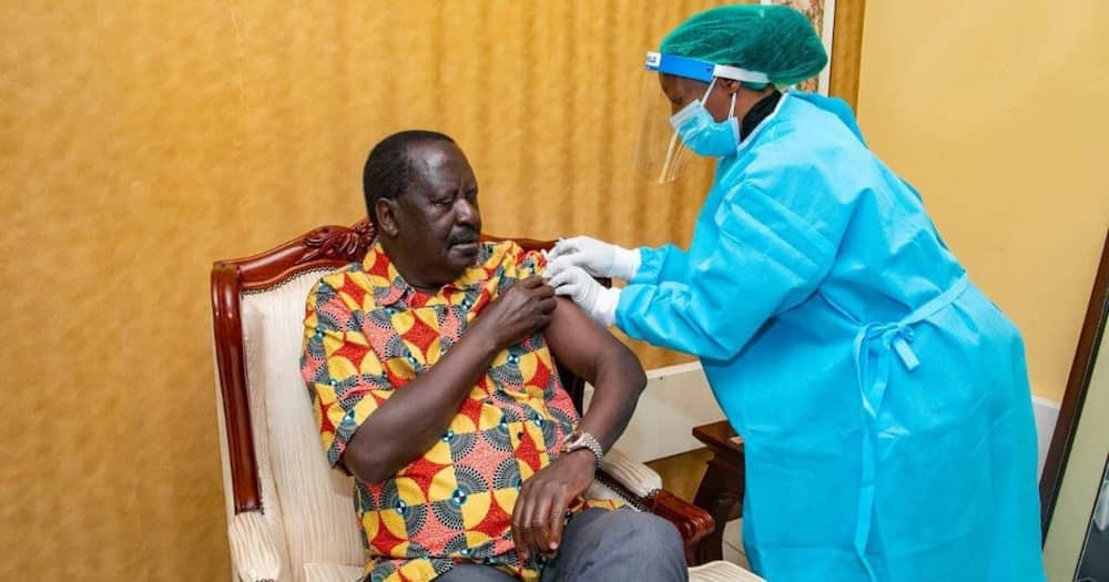 ODM leader Raila Odinga is receiving his second COVID-19 Jab. Photo: Raila Odinga.