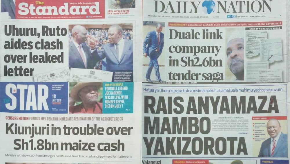 Kenyan newspapers review for July 18: Uhuru, Ruto aides trade barbs over alleged fake letter on revenue standoff