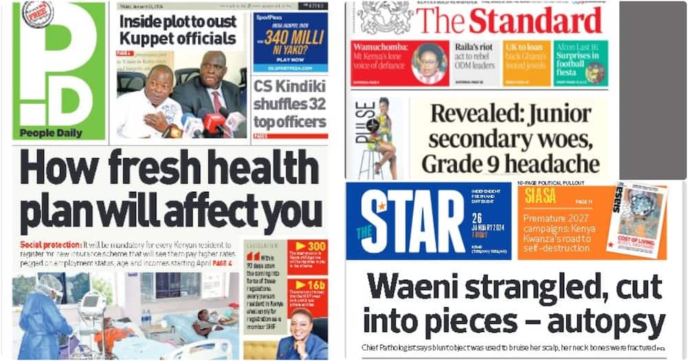 Kenyan newspaper headlines on Friday, January 26.